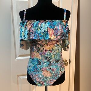 Colorful bathing suit with flared off the shoulder sleeves